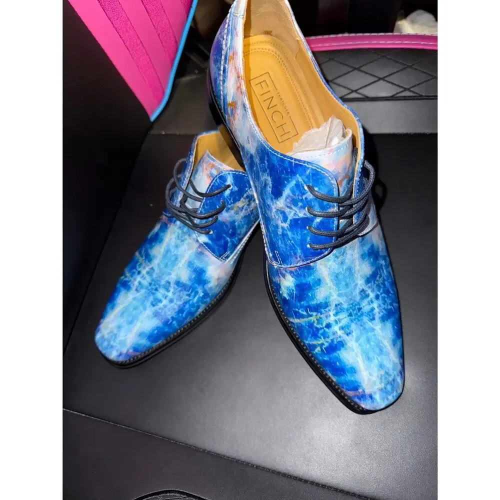 Thatcher Finch Mens 7 Blue Marbled Patterned Leather Derby Dress Shoes New indie